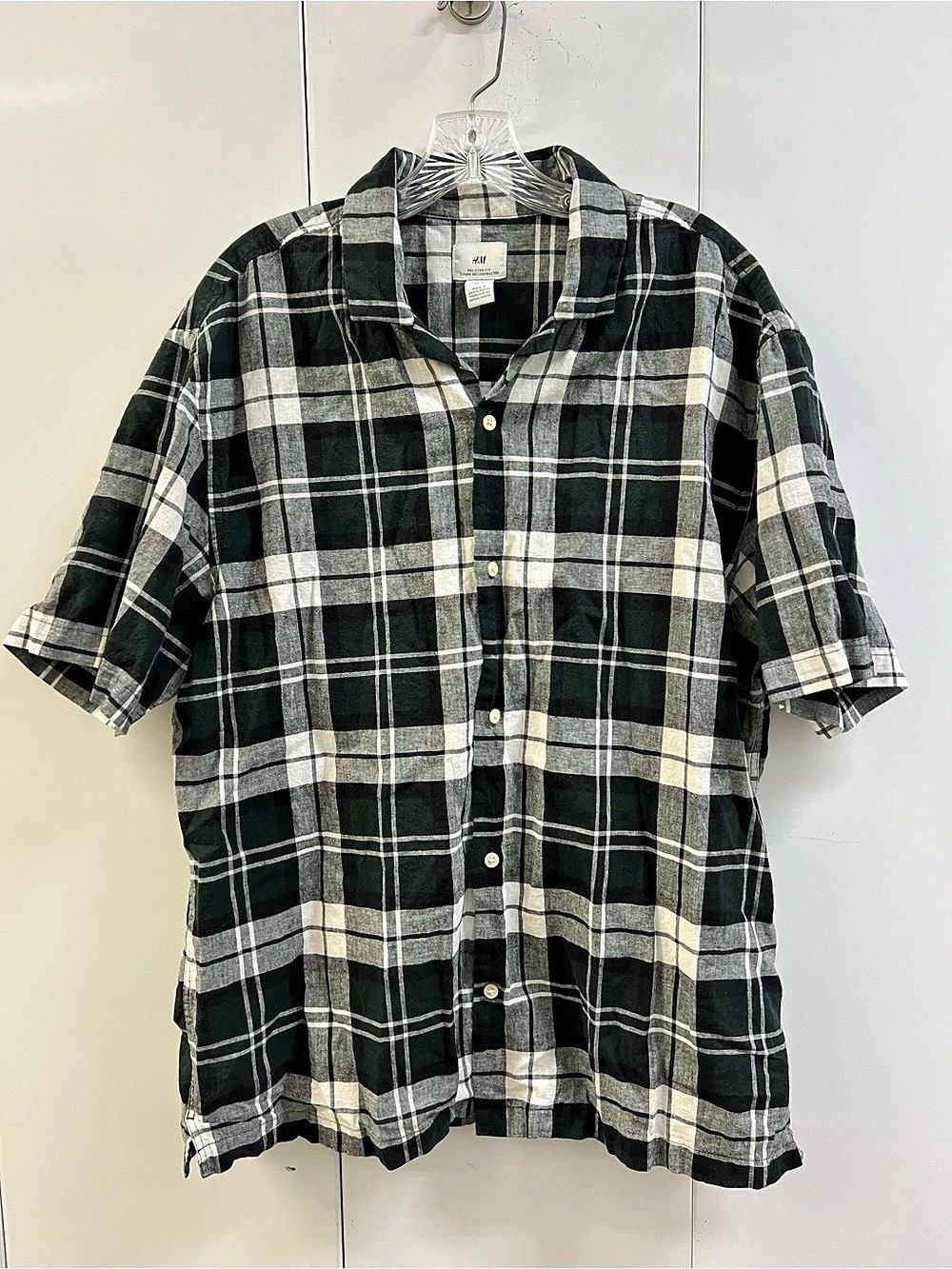 H&M Relaxed Fit Short-Sleeved Shirt Plaid Linen Short Sleeve Large